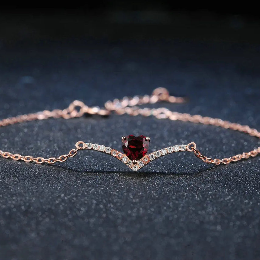 Exquisite Red Garnet Heart 925 Sterling Silver & Rose Gold Women's Vintage V-Shaped Bracelet