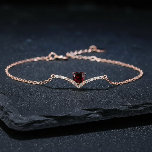 925 Sterling Silver & Rose Gold Red Garnet Heart Women's Vintage V-Shaped Bracelet