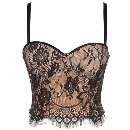 Gothic Floral Lace Women's Overbust Boned Corset Top with Sheer Mesh