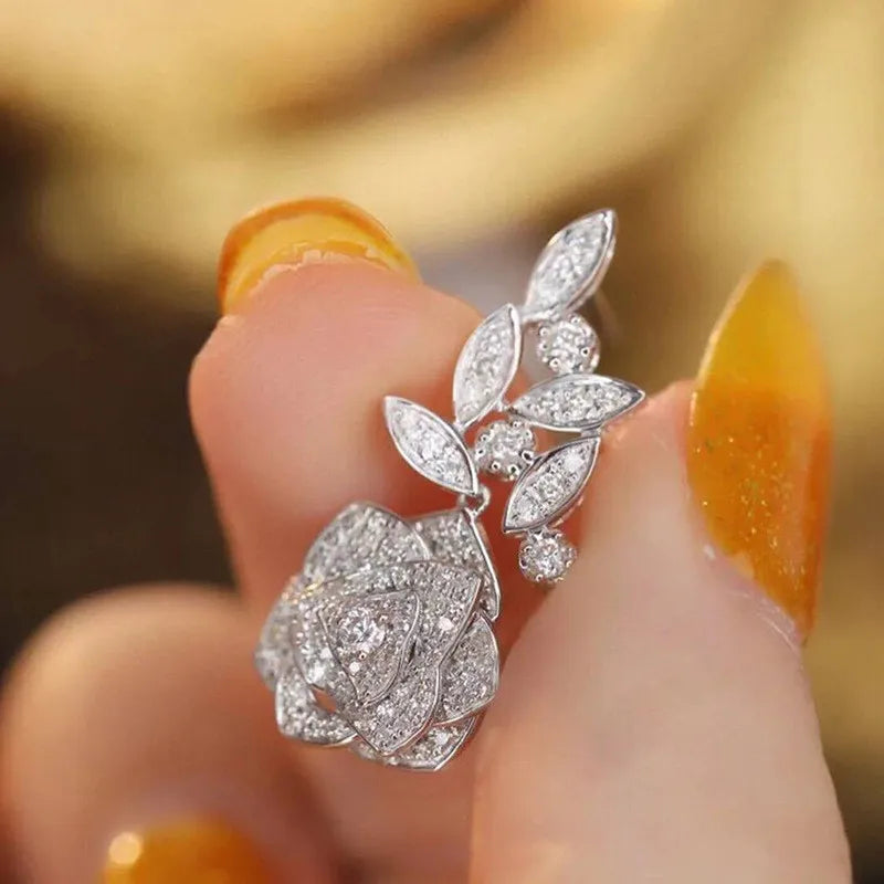 925 Sterling Silver Rose & Leaves Cubic Zirconia Women's Floral Drop Earrings