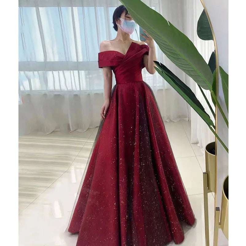 Elegant Crimson & Black Glitter Boat Neck Satin A-Line Evening Gown - Lovez Aqua© - 