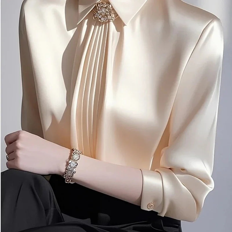 Elegant Champagne Gold Satin Women's Blouse with Pleated Front & Pearl Brooch