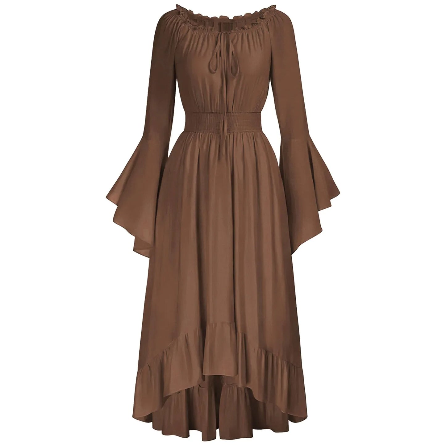 Vintage Medieval Renaissance Women's Maxi A-Line Dress with Long Flared Sleeves & Lace Collar