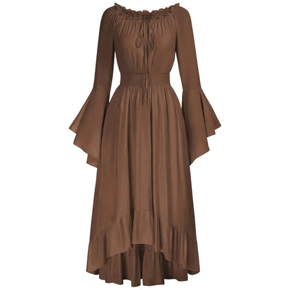 Vintage Medieval Renaissance Women's Maxi A-Line Dress with Long Flared Sleeves & Lace Collar
