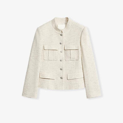 Women's Woolen Blend Tweed Cropped Blazer Jacket with Stand Collar