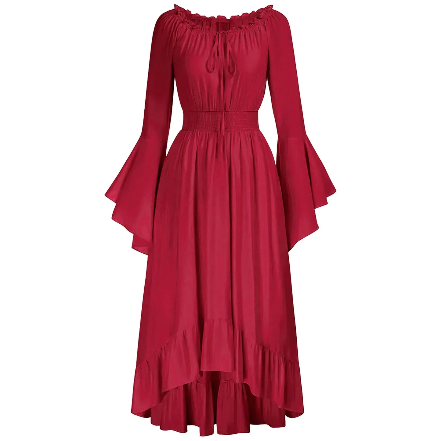 Vintage Medieval Renaissance Women's Maxi A-Line Dress with Long Flared Sleeves & Lace Collar
