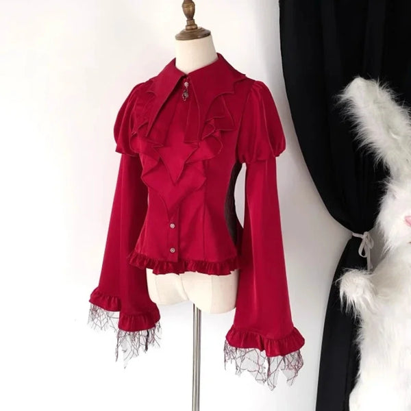 Women's Gothic Vampire Edgy Ruffled Shirt Blouse with Flared Lace Cuffed Sleeves