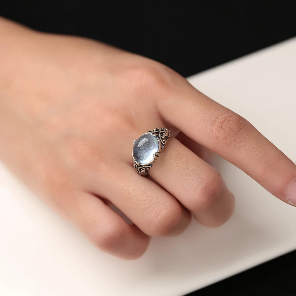 Vintage S925 Sterling Silver Natural Aquamarine Oval Engraved Unisex Ring