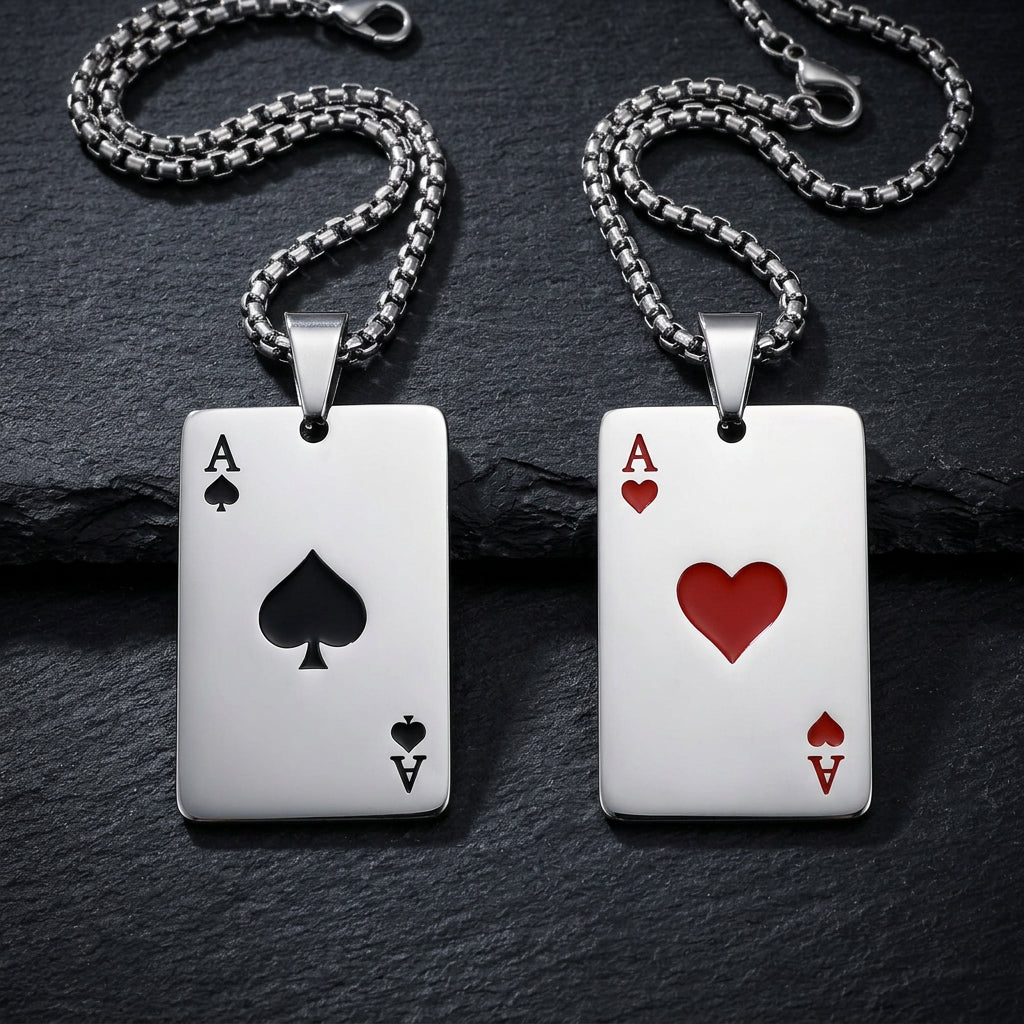 Men’s Silver Ace of Spades or Hearts Playing Card Pendant Necklace | Poker Jewelry