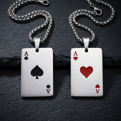 Men’s Silver Ace of Spades or Hearts Playing Card Pendant Necklace | Poker Jewelry
