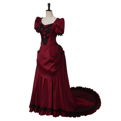 Gothic Victorian Dark Red & Black Evening Gown with Lace Appliqué & Cap Sleeves