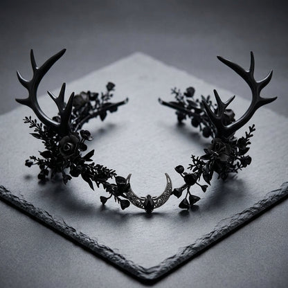 black antler crown, deer antler headpiece, woodland witch crown, gothic forest headpiece, dark fairy crown, witch headdress, forest witch accessories, woodland goddess crown, dark fae headpiece, nature inspired crown, Renaissance faire headpiece, druid costume crown, pagan inspired headpiece, forest nymph crown, healer costume accessory, handfasting headpiece, gothic floral crown, black deer horns, fantasy antler crown, woodland wedding crown