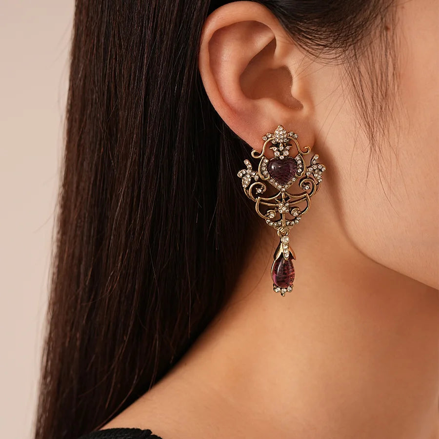 Women's Luxury Antique Gold & Light Magenta Retro Palace Dangle Earrings