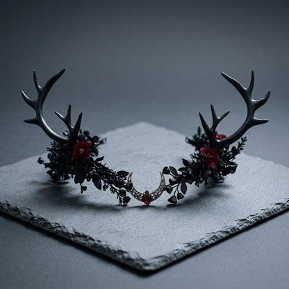 black antler crown, deer antler headpiece, woodland witch crown, gothic forest headpiece, dark fairy crown, witch headdress, forest witch accessories, woodland goddess crown, dark fae headpiece, nature inspired crown, Renaissance faire headpiece, druid costume crown, pagan inspired headpiece, forest nymph crown, healer costume accessory, handfasting headpiece, gothic floral crown, black deer horns, fantasy antler crown, woodland wedding crown