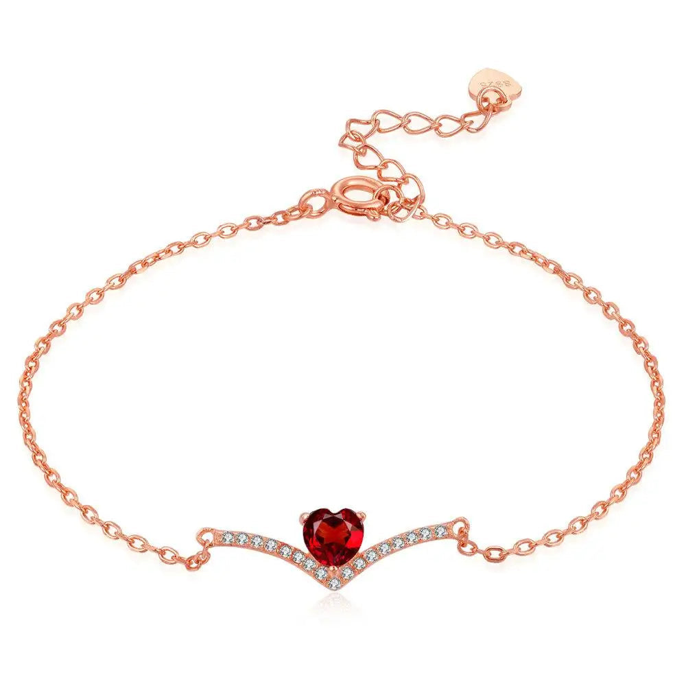 Exquisite Red Garnet Heart 925 Sterling Silver & Rose Gold Women's Vintage V-Shaped Bracelet