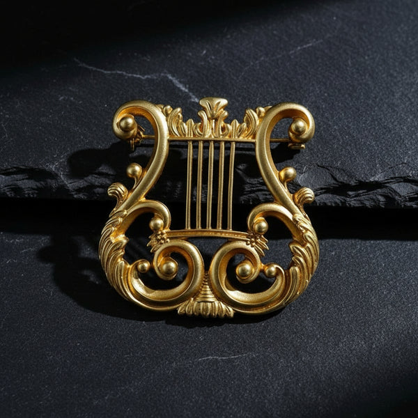 Vintage Golden Harp Antique Musical Instrument Lapel Brooch Pin