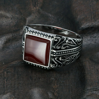 Men's Vintage S925 Sterling Silver Engraved Natural Onyx Stone Square Ring