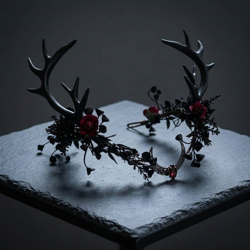 black antler crown, deer antler headpiece, woodland witch crown, gothic forest headpiece, dark fairy crown, witch headdress, forest witch accessories, woodland goddess crown, dark fae headpiece, nature inspired crown, Renaissance faire headpiece, druid costume crown, pagan inspired headpiece, forest nymph crown, healer costume accessory, handfasting headpiece, gothic floral crown, black deer horns, fantasy antler crown, woodland wedding crown