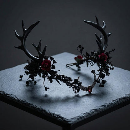 black antler crown, deer antler headpiece, woodland witch crown, gothic forest headpiece, dark fairy crown, witch headdress, forest witch accessories, woodland goddess crown, dark fae headpiece, nature inspired crown, Renaissance faire headpiece, druid costume crown, pagan inspired headpiece, forest nymph crown, healer costume accessory, handfasting headpiece, gothic floral crown, black deer horns, fantasy antler crown, woodland wedding crown