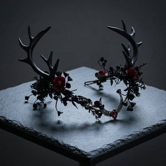 black antler crown, deer antler headpiece, woodland witch crown, gothic forest headpiece, dark fairy crown, witch headdress, forest witch accessories, woodland goddess crown, dark fae headpiece, nature inspired crown, Renaissance faire headpiece, druid costume crown, pagan inspired headpiece, forest nymph crown, healer costume accessory, handfasting headpiece, gothic floral crown, black deer horns, fantasy antler crown, woodland wedding crown