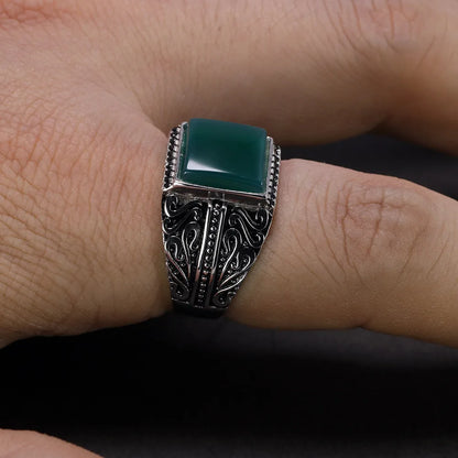 Men's Vintage S925 Sterling Silver Engraved Natural Onyx Stone Square Ring