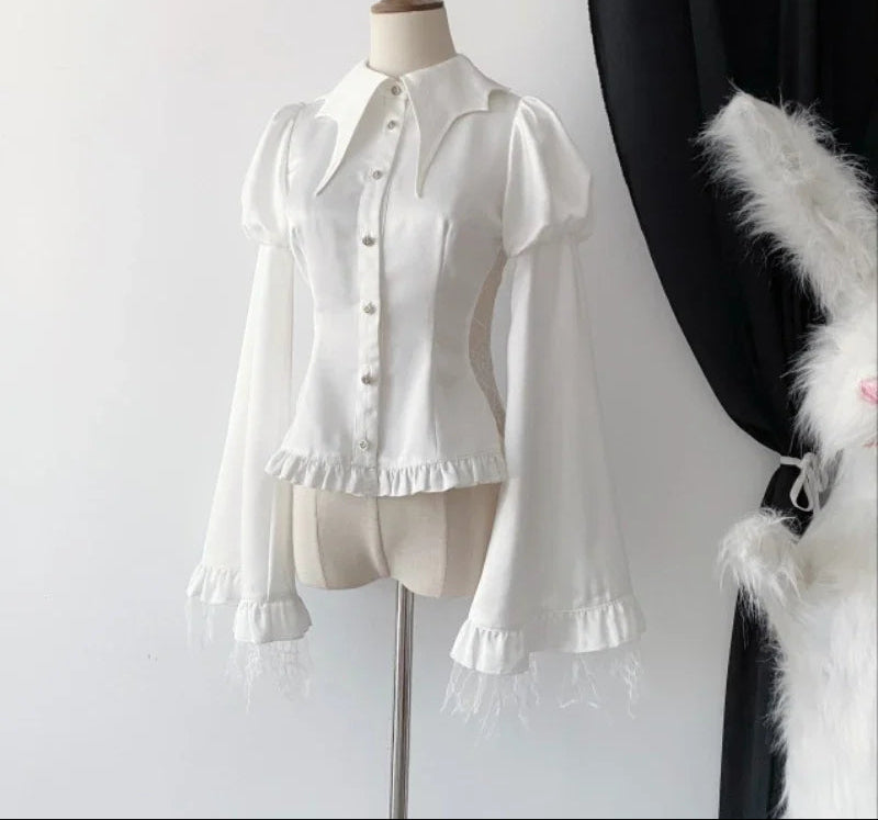 Women's Gothic Vampire Edgy Ruffled Shirt Blouse with Flared Lace Cuffed Sleeves