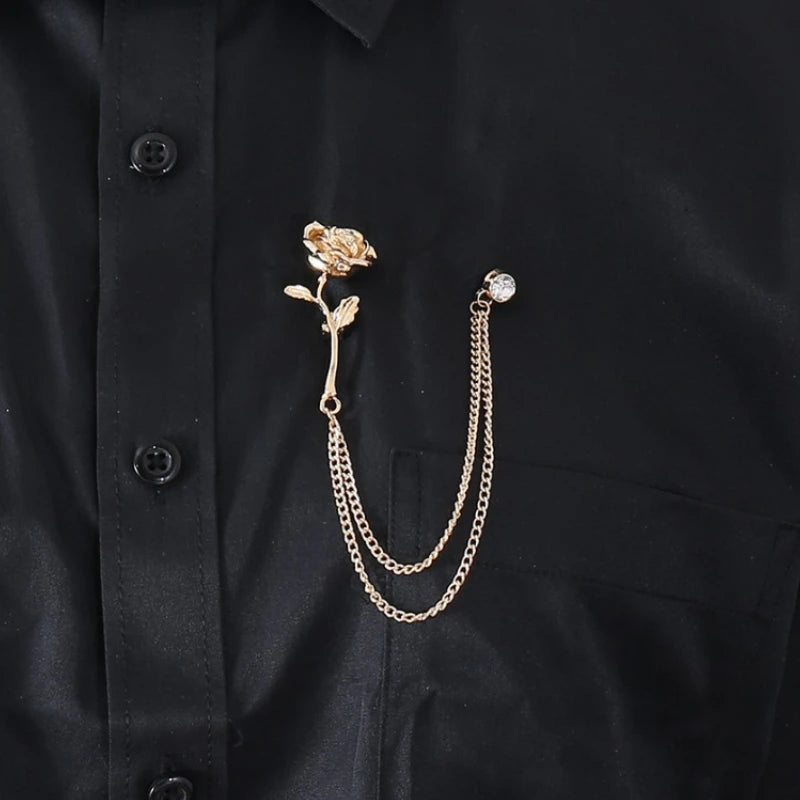 Men’s Ornate Fantasy Rose Rhinestone Chain Lapel Pin Brooch