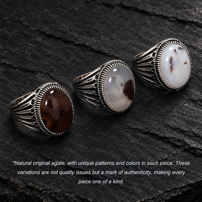 Men’s 925 Sterling Silver Natural Agate Signet Ring | Vintage Oval Cabochon