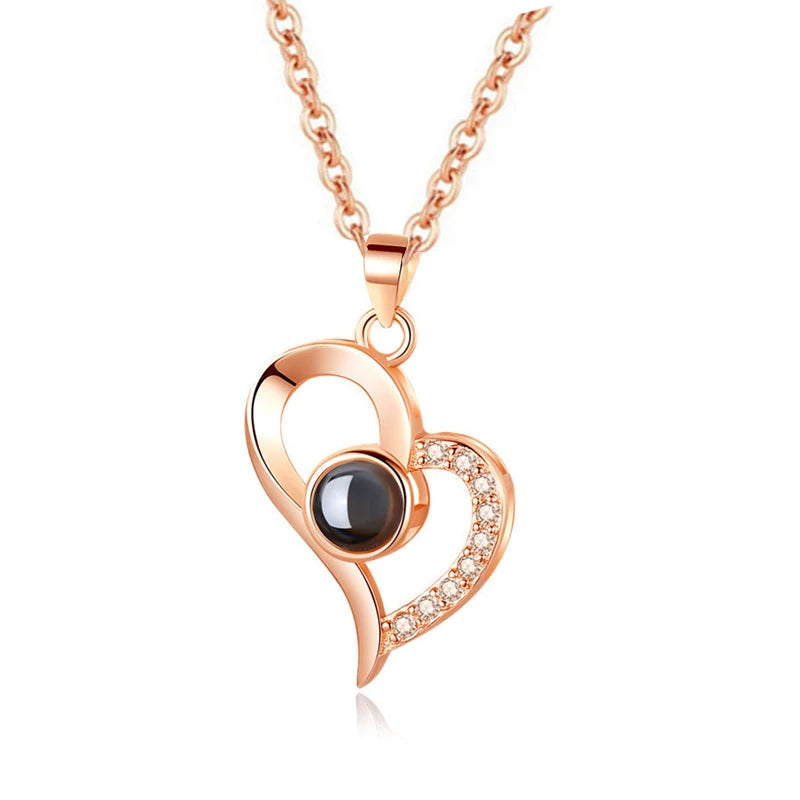 Romantic Love Heart Necklace 100 Languages I Love You Projection Necklace - Lovez Aqua© - Rose Gold Curved Heart