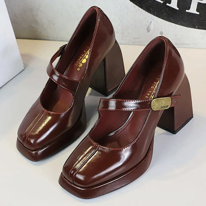 Vintage Women's Block Heel Mary Jane Retro Chunky Heel Pumps with Gold Buckle