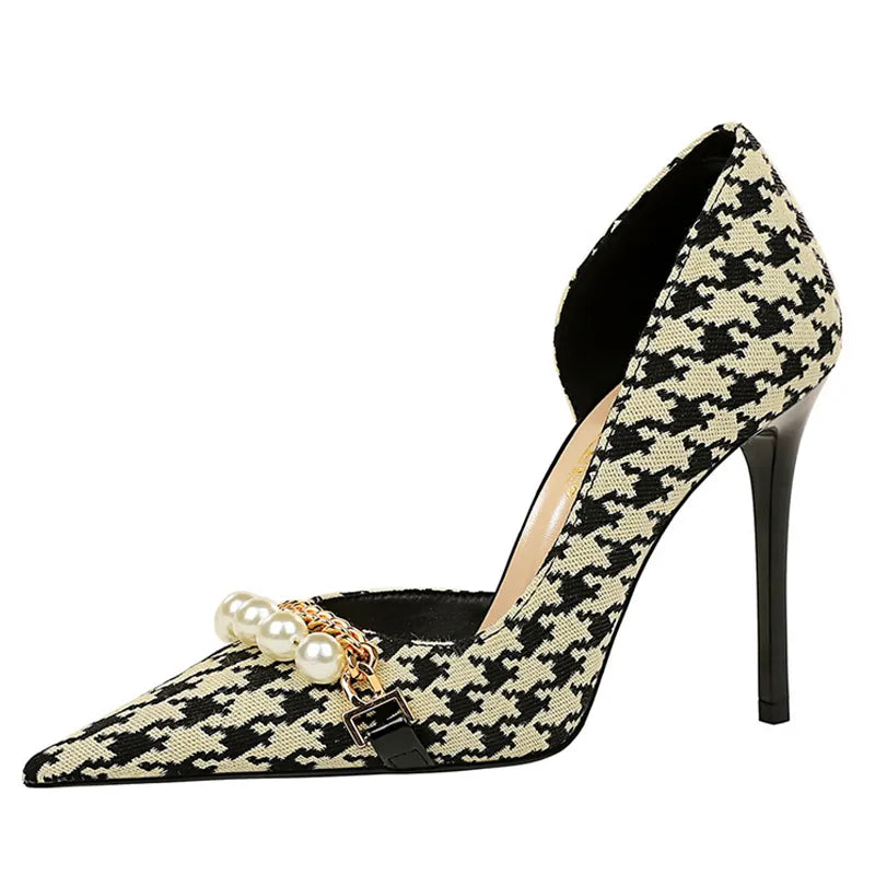 Vintage Plaid Checkered Women's Stiletto High Heels with Pearl & Chain Detail