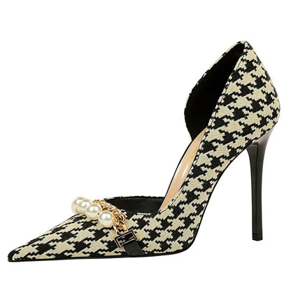 Vintage Plaid Checkered Women's Stiletto High Heels with Pearl & Chain Detail