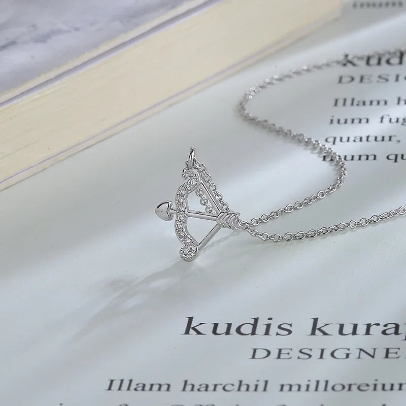 Women's Silver Cupid's Bow & Arrow Love Necklace with Cubic Zirconia - Lovez Aqua© - 