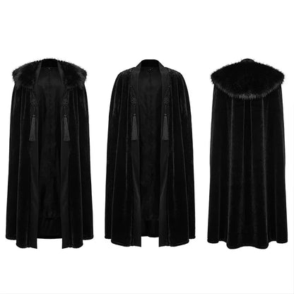 Men's Gothic Black Medieval Renaissance Embroidered Cloak with Fur Lined Collar
