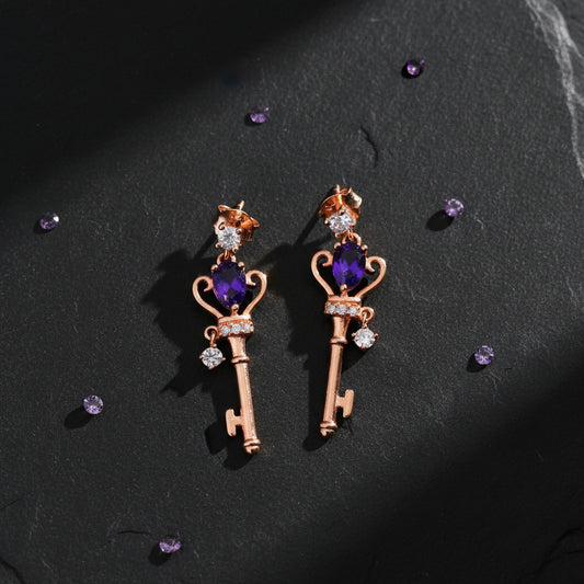 Edwardian Crown Key Natural Teardrop Amethyst Sterling Silver Baroque Earrings