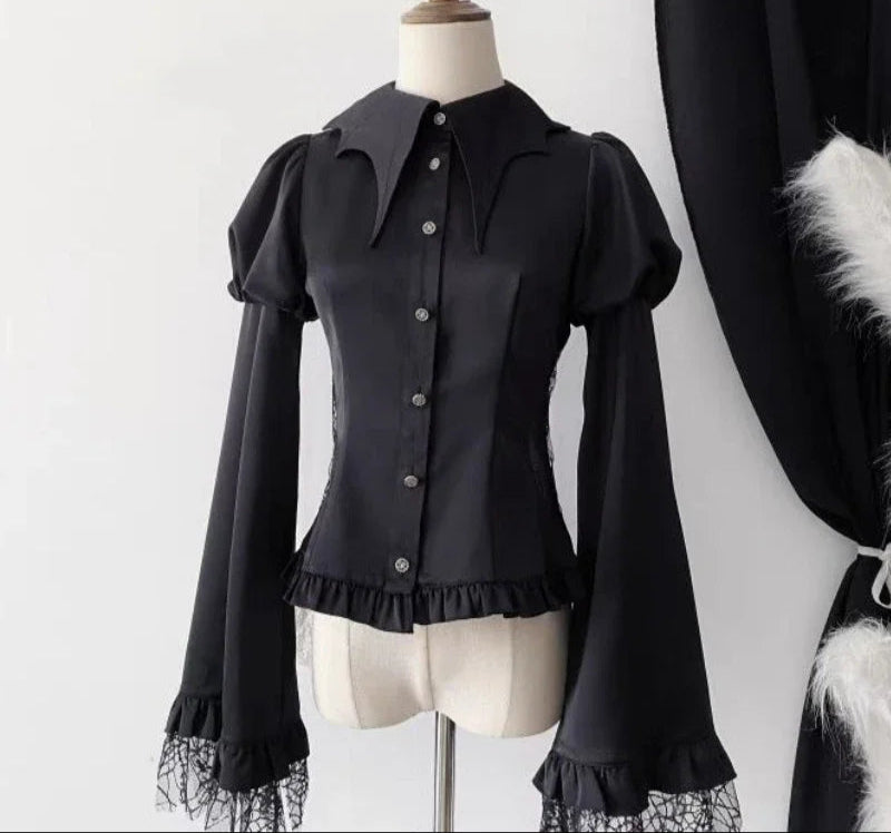 Women's Gothic Vampire Edgy Ruffled Shirt Blouse with Flared Lace Cuffed Sleeves