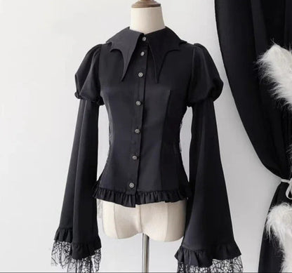 Women's Gothic Vampire Edgy Ruffled Shirt Blouse with Flared Lace Cuffed Sleeves