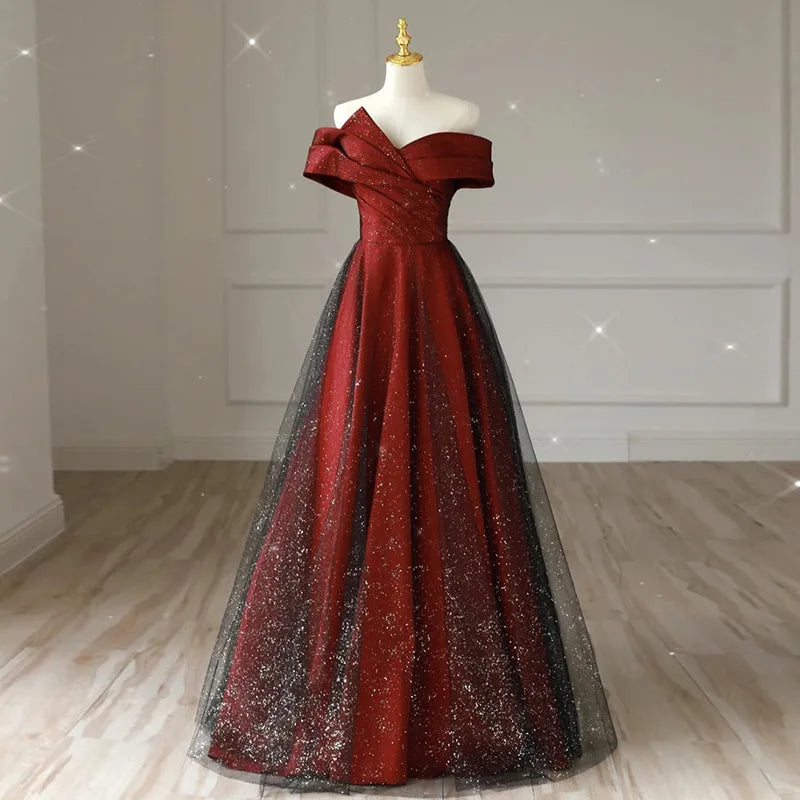 Elegant Crimson & Black Glitter Boat Neck Satin A-Line Evening Gown - Lovez Aqua© - 