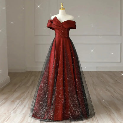 Elegant Crimson & Black Glitter Boat Neck Satin A-Line Evening Gown - Lovez Aqua© - 