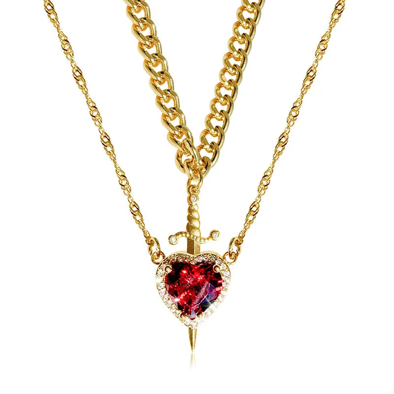 Romantic Heart & Sword Zircon Gothic Fantasy Matching Couple Necklaces