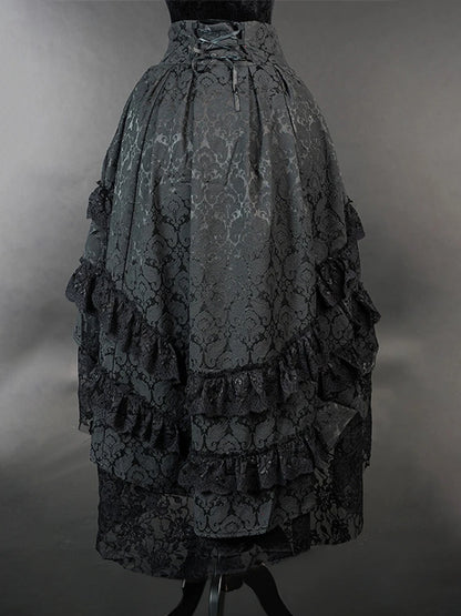 Victorian Gothic High-Low Women's Black Tiered Layered Jacquard Lace Corset Skirt