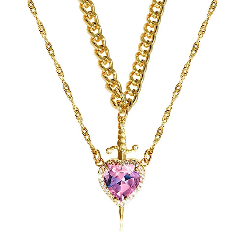 Romantic Heart & Sword Zircon Gothic Fantasy Matching Couple Necklaces