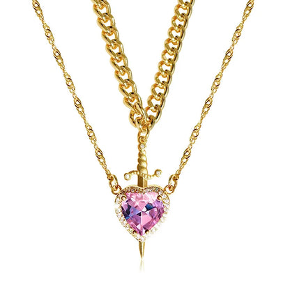 Romantic Heart & Sword Zircon Gothic Fantasy Matching Couple Necklaces