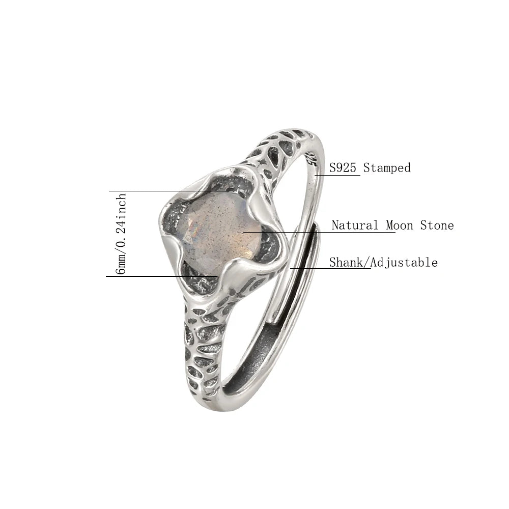 Women's S925 Sterling Silver Natural Moonstone Faceted Cut Gem Leopard Pattern Ring