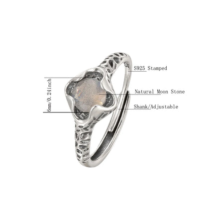Women's S925 Sterling Silver Natural Moonstone Faceted Cut Gem Leopard Pattern Ring