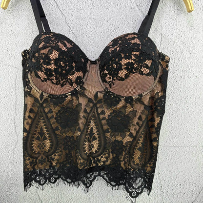 Gothic Floral Lace Women's Overbust Boned Corset Top with Sheer Mesh