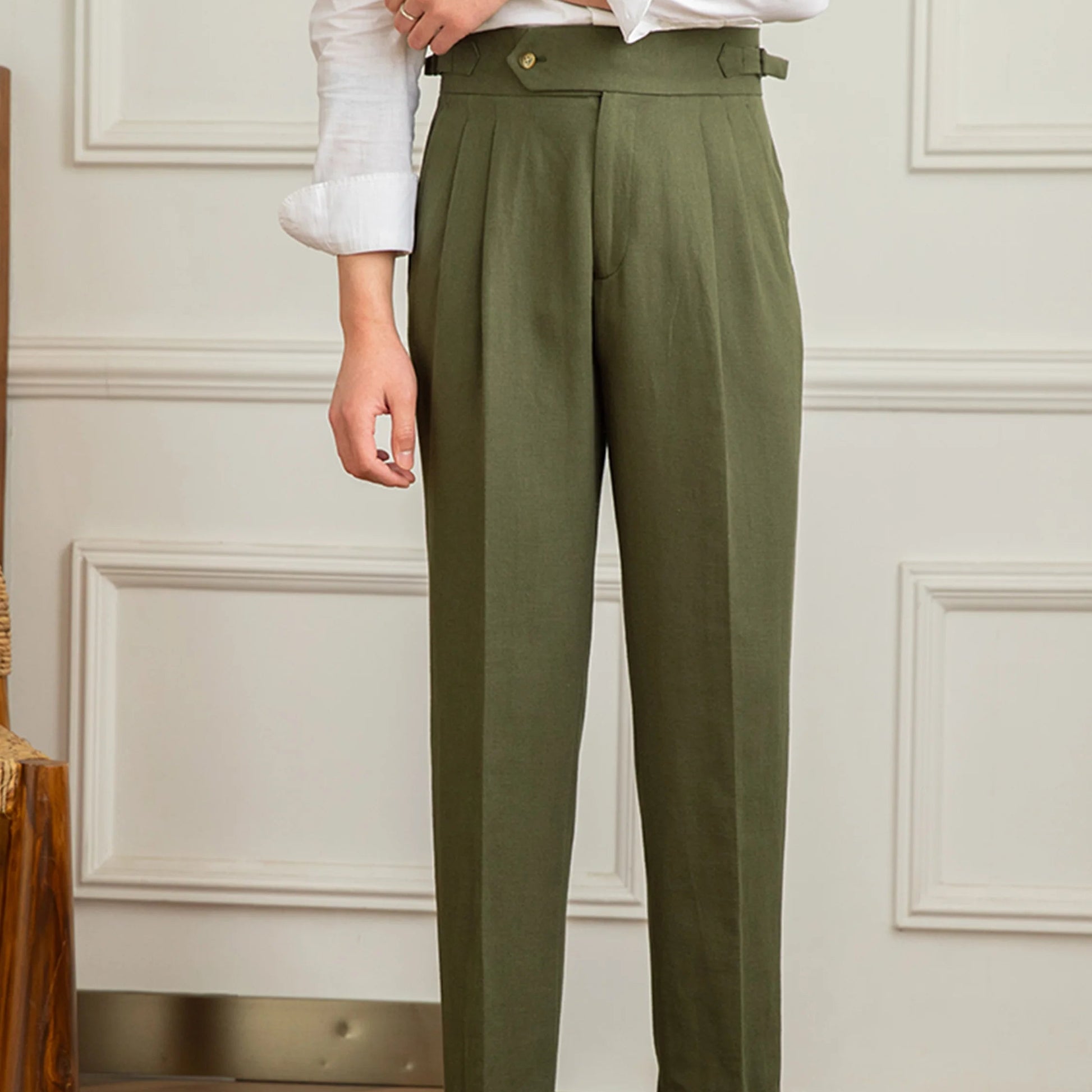 men's linen trousers, linen cotton trousers, pleated trousers, double pleated trousers, men's tapered trousers, tailored trousers, vintage trousers, vintage menswear, men's tailored pants, linen pants men, cotton linen pants, pleated pants men, tapered pants men, classic trousers, heritage menswear, romantic menswear, old world clothing, vintage inspired clothing, neutral trousers, beige trousers, cream trousers, men's dress trousers, smart casual trousers, extended waistband trousers, cuffed trousers