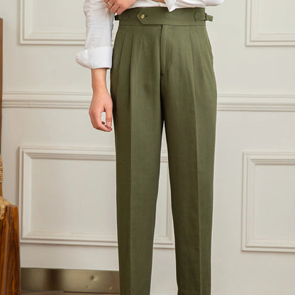 men's linen trousers, linen cotton trousers, pleated trousers, double pleated trousers, men's tapered trousers, tailored trousers, vintage trousers, vintage menswear, men's tailored pants, linen pants men, cotton linen pants, pleated pants men, tapered pants men, classic trousers, heritage menswear, romantic menswear, old world clothing, vintage inspired clothing, neutral trousers, beige trousers, cream trousers, men's dress trousers, smart casual trousers, extended waistband trousers, cuffed trousers