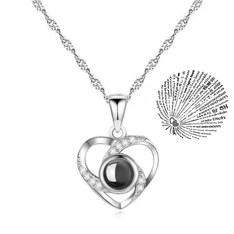 Romantic Love Heart Necklace 100 Languages I Love You Projection Necklace - Lovez Aqua© - Silver Jeweled Heart
