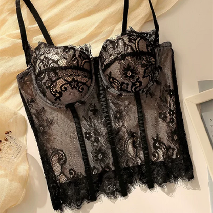 Gothic Floral Lace Women's Overbust Boned Corset Top with Sheer Mesh